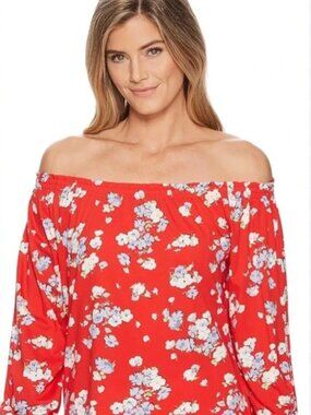 Lauren Ralph Lauren Womens Off-Shoulder Top XL Red Floral Cottagecore Prairie